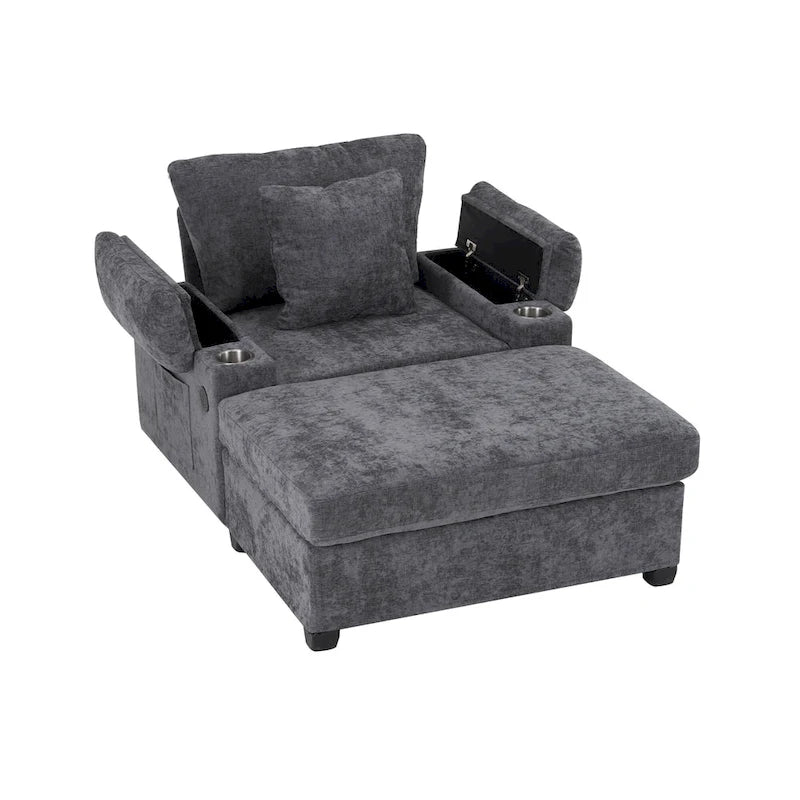 Fauteuil d'appoint surdimensionné en chenille avec repose-pieds, ports de chargement USB et canapé-lit convertible