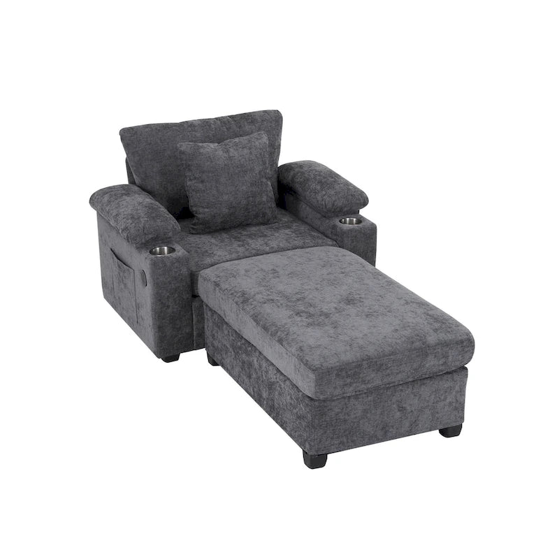 Fauteuil d'appoint surdimensionné en chenille avec repose-pieds, ports de chargement USB et canapé-lit convertible
