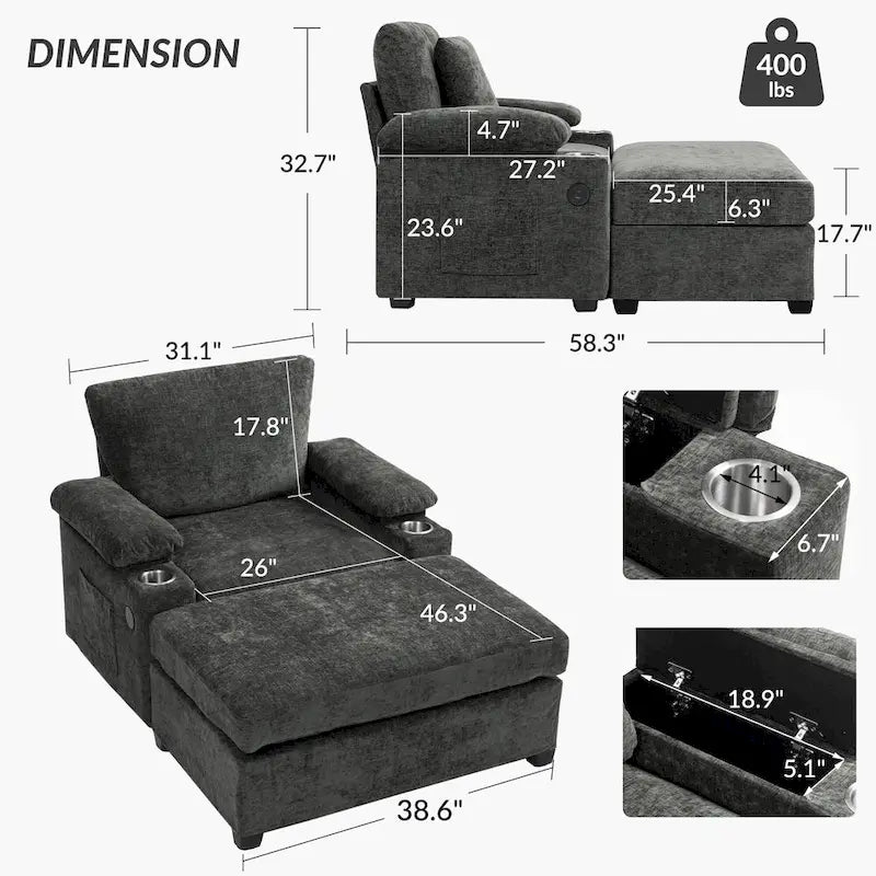 Fauteuil d'appoint surdimensionné en chenille avec repose-pieds, ports de chargement USB et canapé-lit convertible