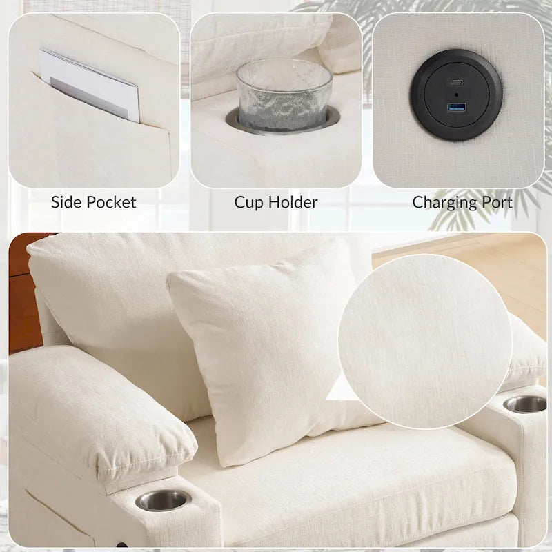 Fauteuil d'appoint surdimensionné en chenille avec repose-pieds, ports de chargement USB et canapé-lit convertible