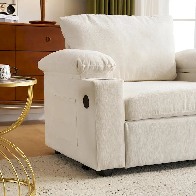 Fauteuil d'appoint surdimensionné en chenille avec repose-pieds, ports de chargement USB et canapé-lit convertible