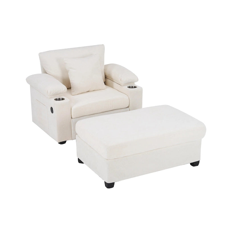 Fauteuil d'appoint surdimensionné en chenille avec repose-pieds, ports de chargement USB et canapé-lit convertible