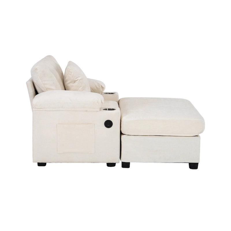 Fauteuil d'appoint surdimensionné en chenille avec repose-pieds, ports de chargement USB et canapé-lit convertible