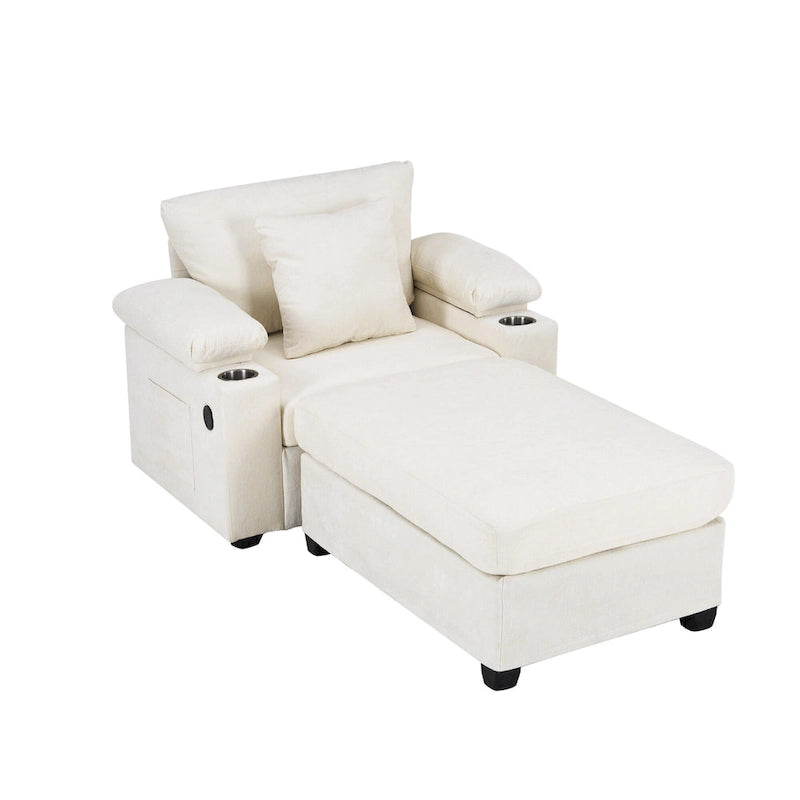 Fauteuil d'appoint surdimensionné en chenille avec repose-pieds, ports de chargement USB et canapé-lit convertible