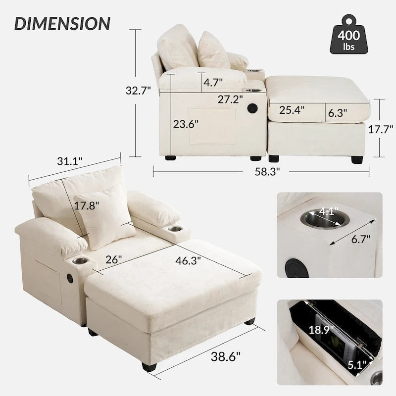 Fauteuil d'appoint surdimensionné en chenille avec repose-pieds, ports de chargement USB et canapé-lit convertible