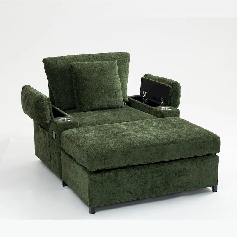 Fauteuil d'appoint surdimensionné en chenille avec repose-pieds, ports de chargement USB et canapé-lit convertible