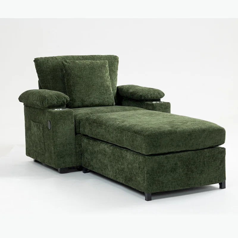 Fauteuil d'appoint surdimensionné en chenille avec repose-pieds, ports de chargement USB et canapé-lit convertible