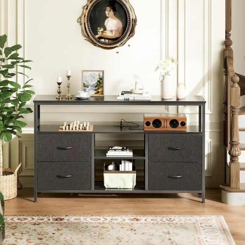 Meuble TV LED avec prises électriques, 4 tiroirs et étagère ouverte, finition PU noire