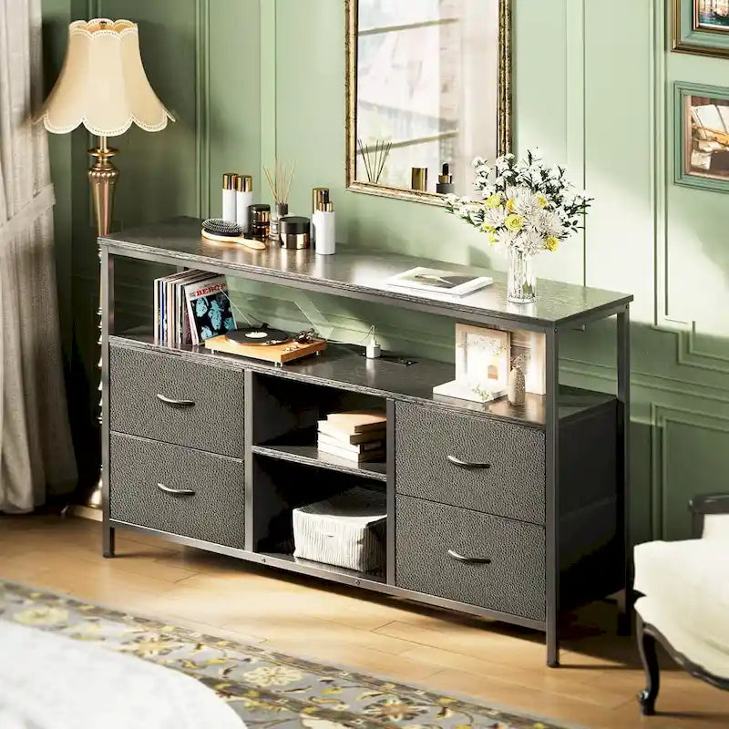 Meuble TV LED avec prises électriques, 4 tiroirs et étagère ouverte, finition PU noire