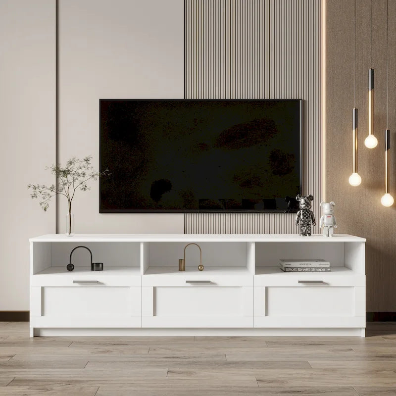 Meuble TV blanc moderne et minimaliste avec 3 tiroirs pour téléviseur 80 pouces - 41 x 180 x 53 cm