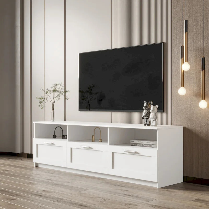 Meuble TV blanc moderne et minimaliste avec 3 tiroirs pour téléviseur 80 pouces - 41 x 180 x 53 cm