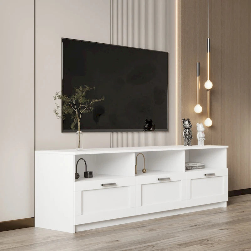 Meuble TV blanc moderne et minimaliste avec 3 tiroirs pour téléviseur 80 pouces - 41 x 180 x 53 cm