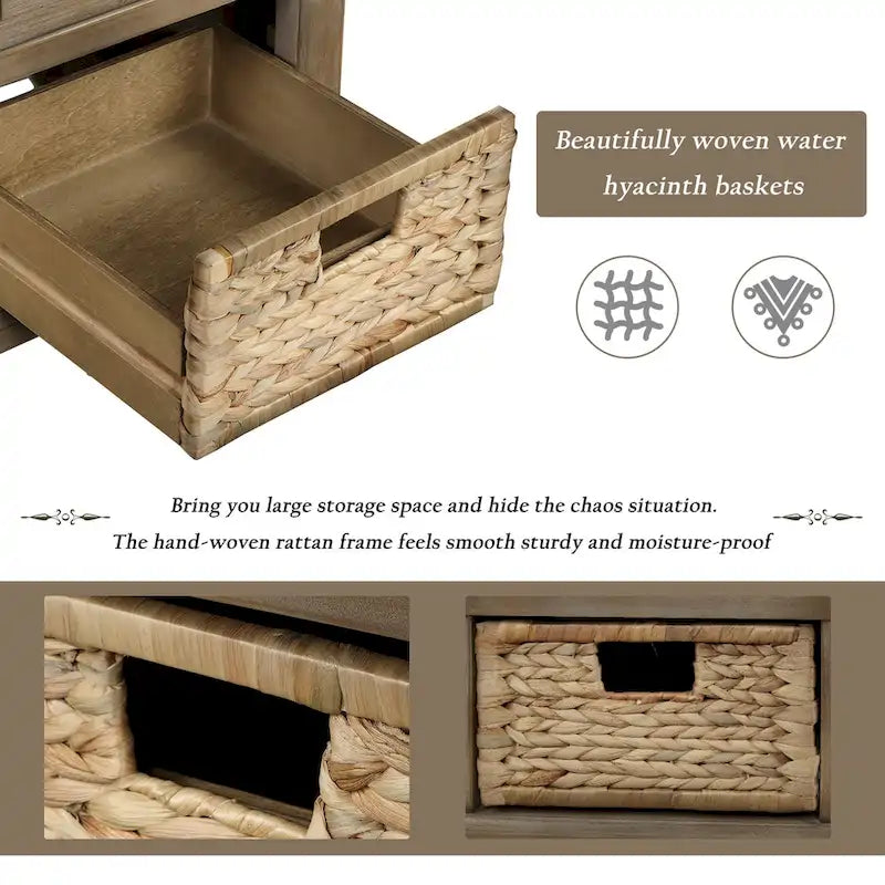 Banc de rangement rustique TREXM avec tiroirs et paniers en rotin