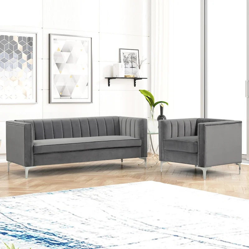Ensemble canapé et fauteuil Morden Fort Modern 2 pièces en velours gris hollandais, pieds en fer