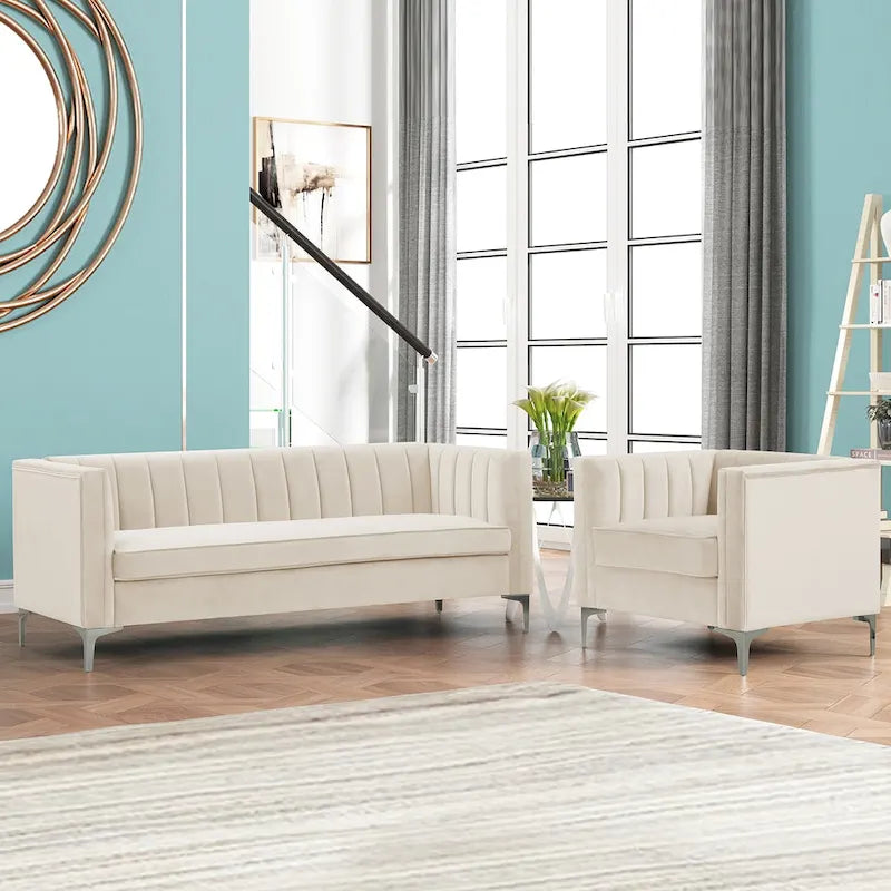 Ensemble canapé et fauteuil Morden Fort Modern 2 pièces en velours gris hollandais, pieds en fer