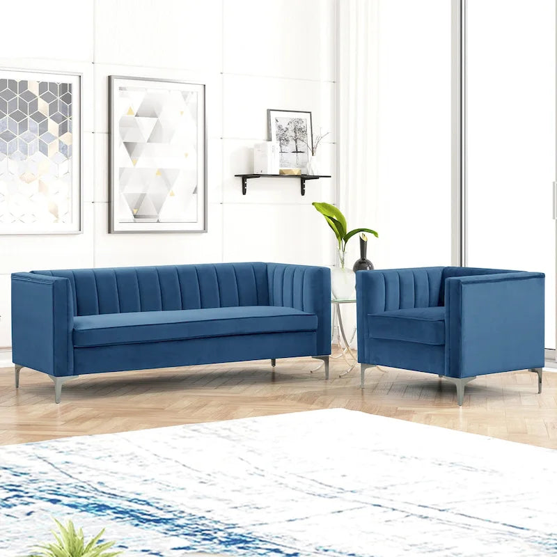 Ensemble canapé et fauteuil Morden Fort Modern 2 pièces en velours gris hollandais, pieds en fer