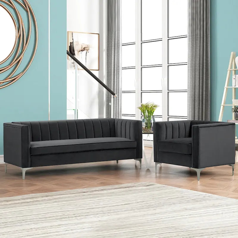 Ensemble canapé et fauteuil Morden Fort Modern 2 pièces en velours gris hollandais, pieds en fer