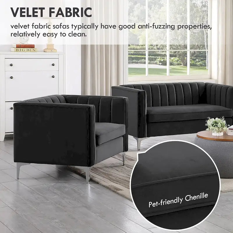 Ensemble canapé et fauteuil Morden Fort Modern 2 pièces en velours gris hollandais, pieds en fer