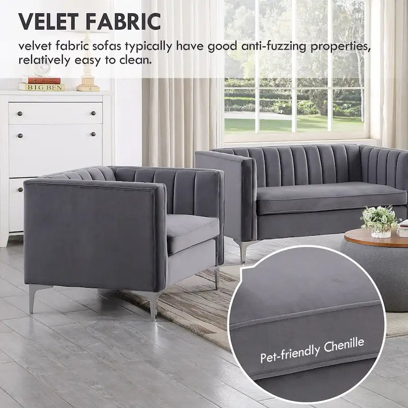 Ensemble canapé et fauteuil Morden Fort Modern 2 pièces en velours gris hollandais, pieds en fer