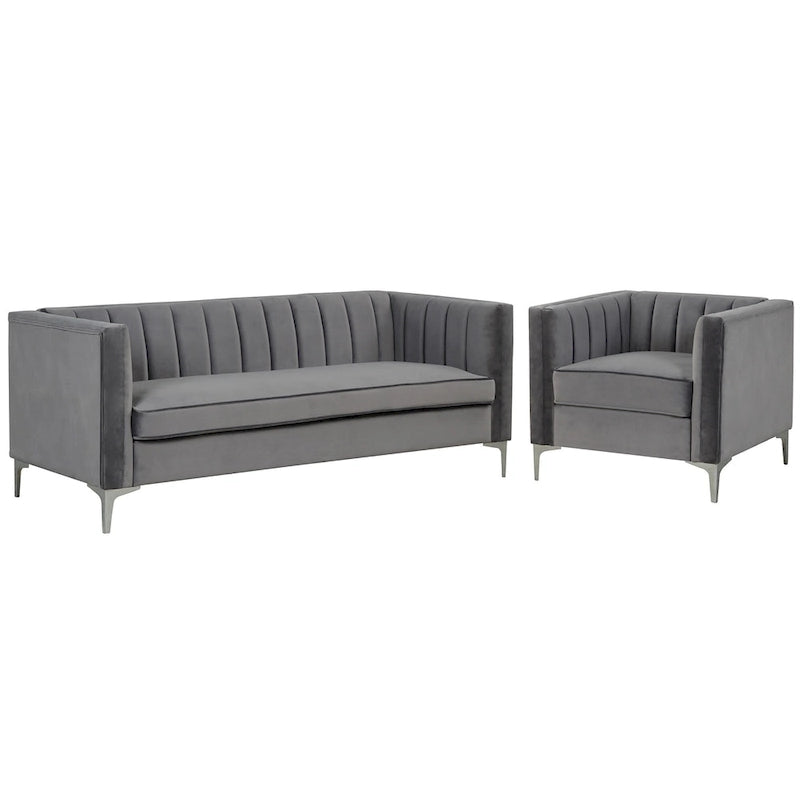 Ensemble canapé et fauteuil Morden Fort Modern 2 pièces en velours gris hollandais, pieds en fer