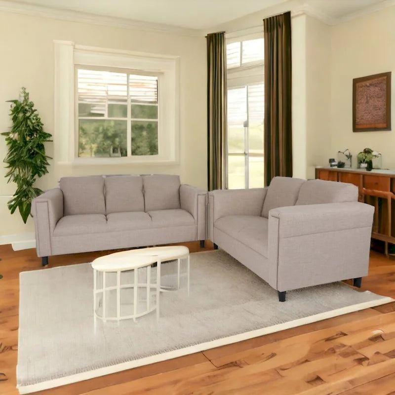 Canapé deux places et canapé Coast to Coast Sofas style moderne du milieu du siècle, revêtement en polyester et nylon, structure en bois massif.