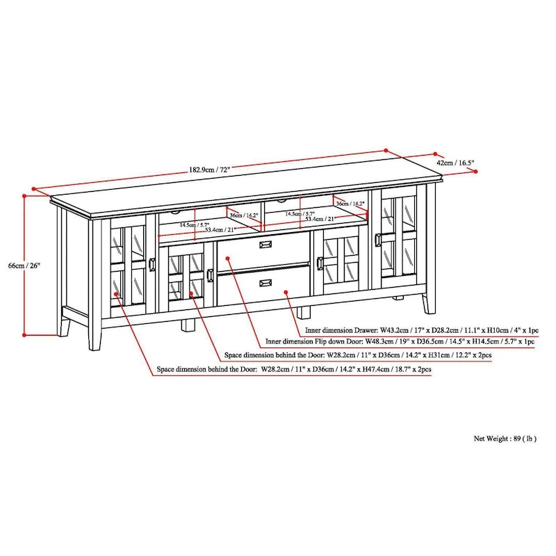 Meuble TV WYNDENHALL Stratford en bois massif, 72 pouces de large, pour téléviseurs jusqu'à 80 pouces.