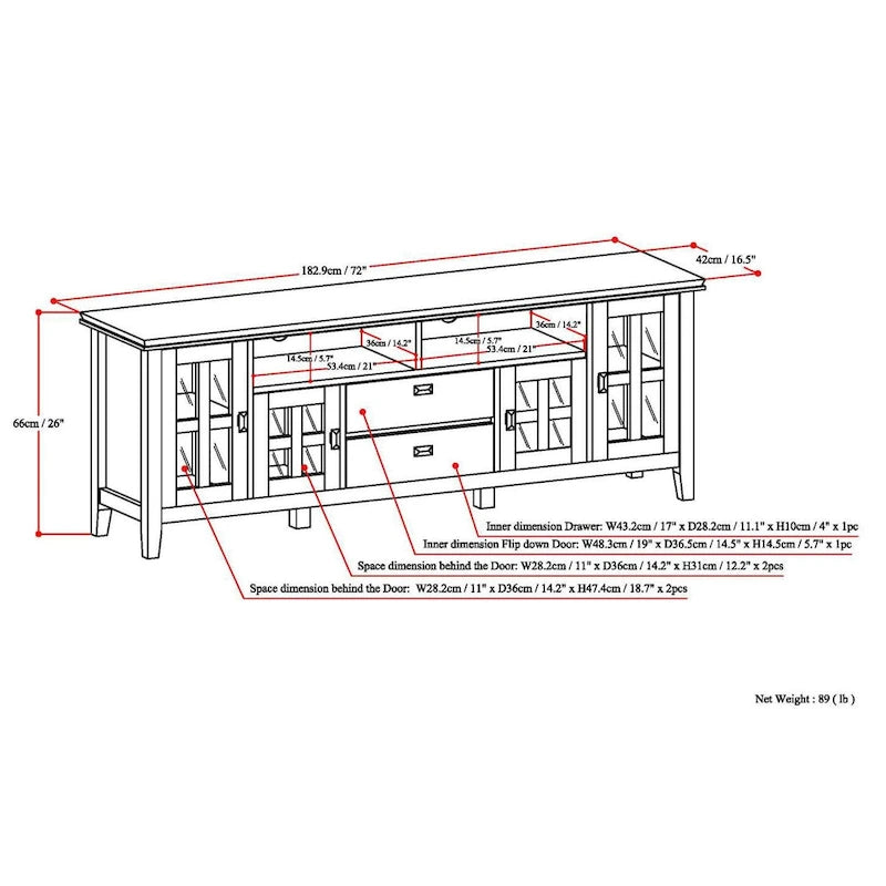 Meuble TV WYNDENHALL Stratford en bois massif, 72 pouces de large, pour téléviseurs jusqu'à 80 pouces.