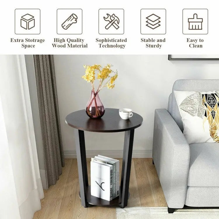 Table d'appoint ronde à 2 niveaux avec étagère de rangement et structure en métal