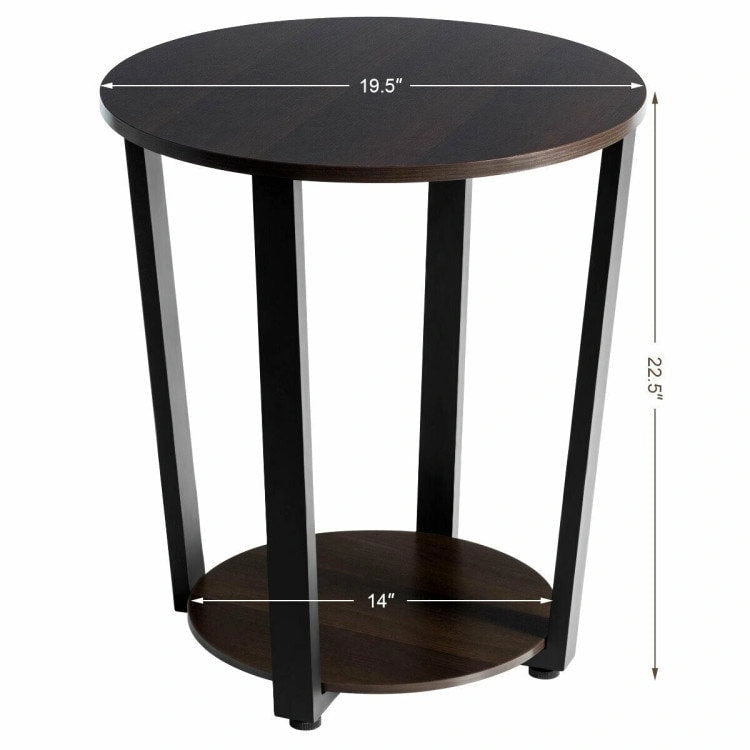 Table d'appoint ronde à 2 niveaux avec étagère de rangement et structure en métal