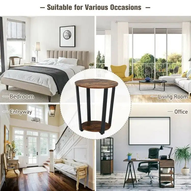 Table d'appoint ronde à 2 niveaux avec étagère de rangement et structure en métal