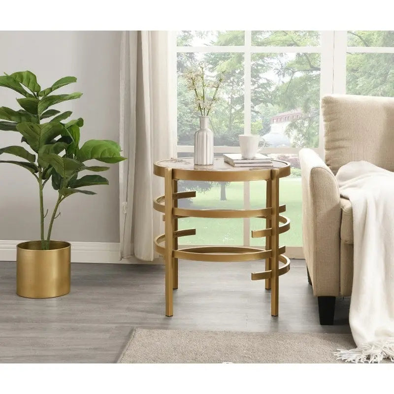 Table d'appoint ronde Grondin 20.67 avec plateau en pierre frittée et structure en métal, table d'appoint de style moderne avec pieds antidérapants