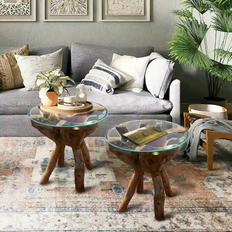 Table d'appoint rustique en racine de teck Chic Teak avec plateau en verre rond de 61 cm (24 pouces).