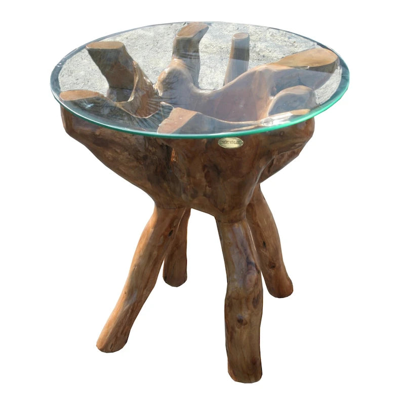 Table d'appoint rustique en racine de teck Chic Teak avec plateau en verre rond de 61 cm (24 pouces).