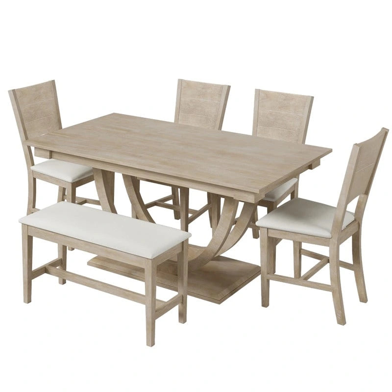 Ensemble de salle à manger demi-ronde en bois 6 pièces avec banc long et 4 chaises, style moderne