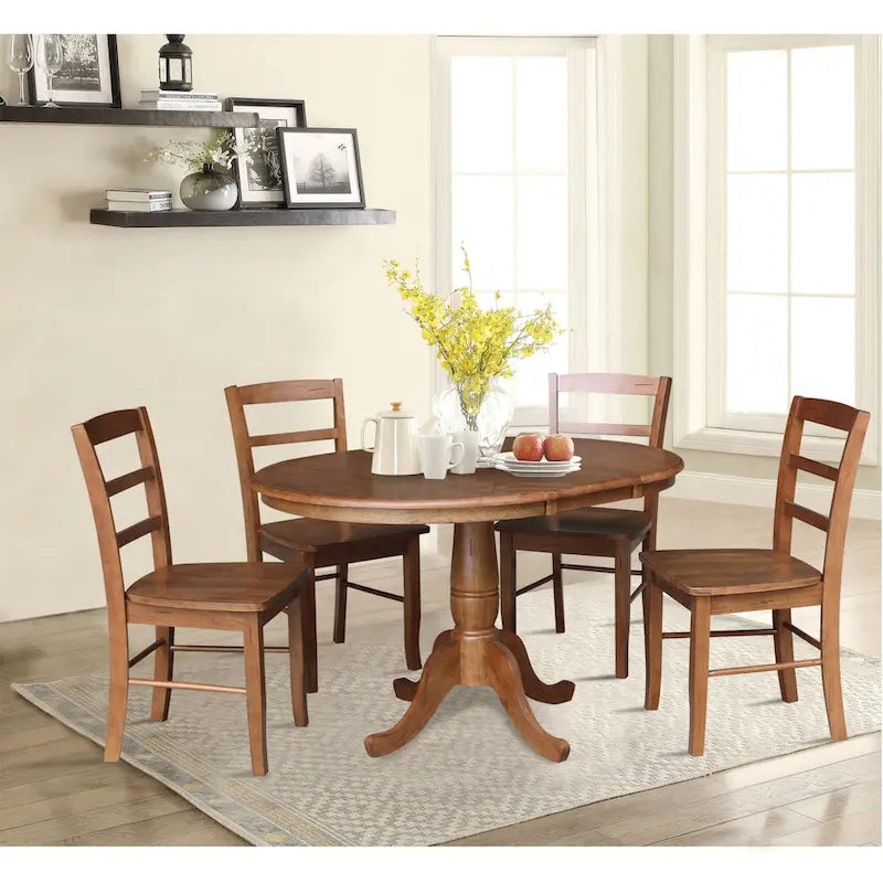 36 Round Top Pedestal Ext Table with 12 Leaf and 4 Madrid Chairs