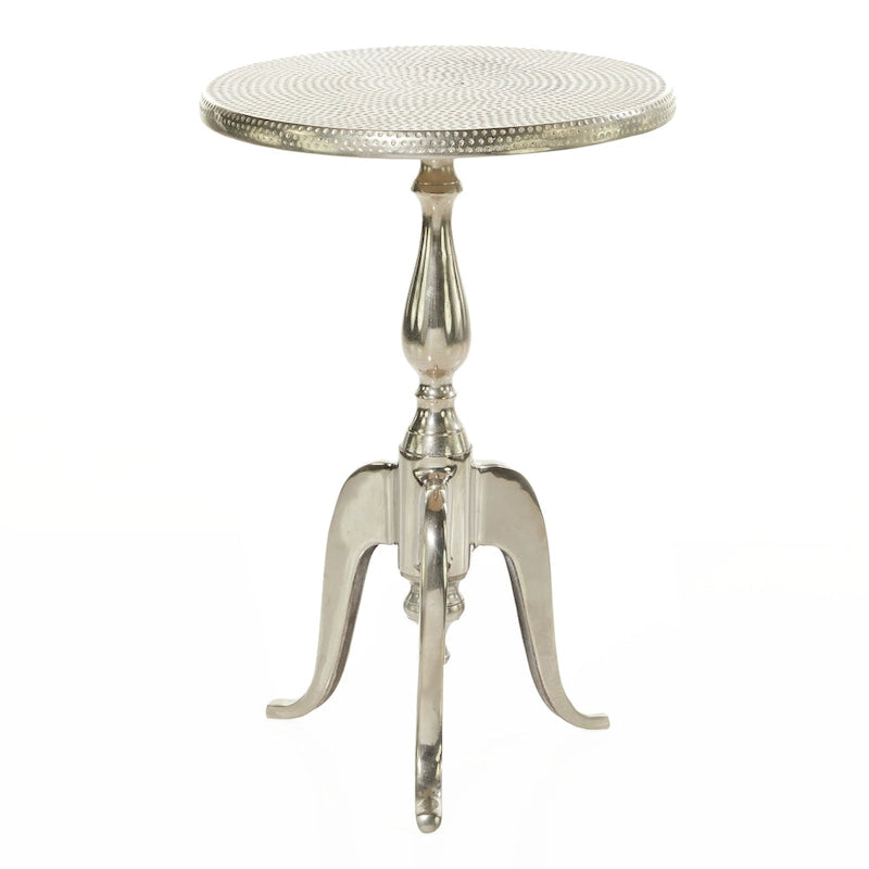 Aluminum Metal Small Turned Accent Table with Hammered Top and Scroll Legs - Silver - Roche River Decor - 15W x 15L x 22H