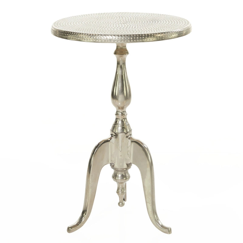 Petite table d'appoint en aluminium tourné, plateau martelé et pieds en volute - Argent - Roche River Decor - 38 cm (L) x 38 cm (l) x 56 cm (H)