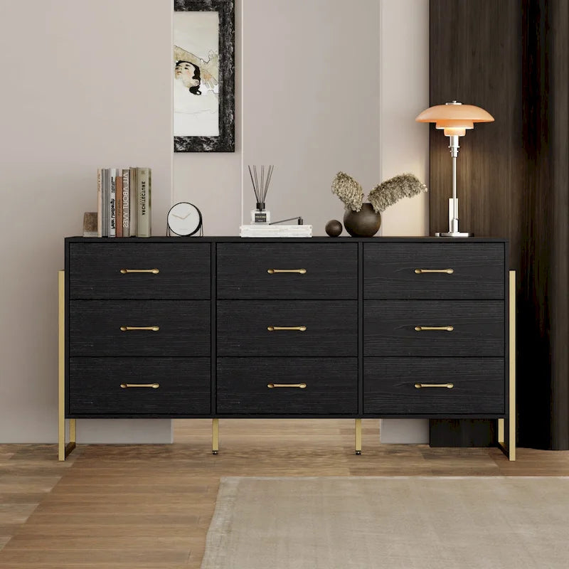 Versatile 9-Drawer Dresser - Sleek Black & Gold, Premium Quality Chest