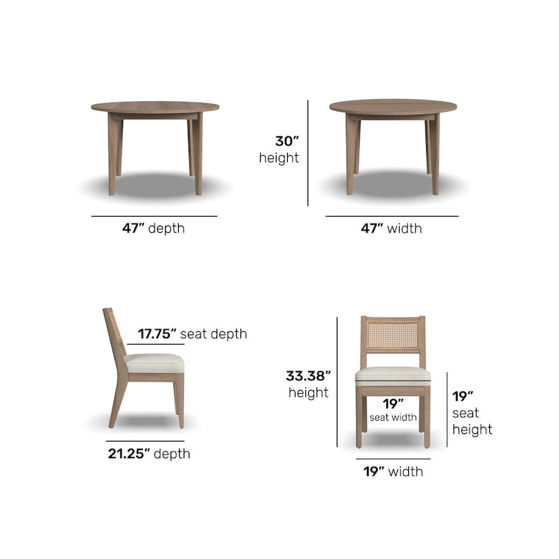 Ensemble de salle à manger Brentwood 5 pièces en bois brun comprenant une table ronde et des chaises à dossier en rotin - 47 x 30 x 47