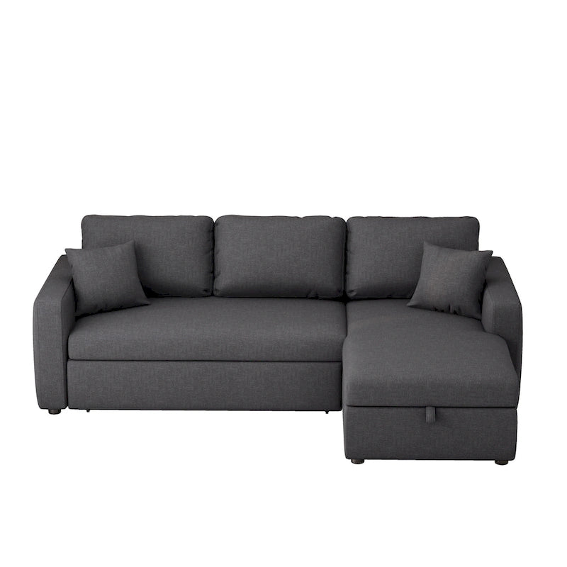 Canapé d'angle convertible en tissu gris avec espace de rangement et 2 coussins décoratifs