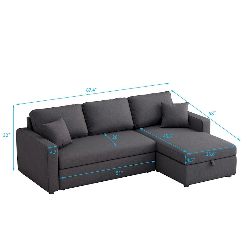 Canapé d'angle convertible en tissu gris avec espace de rangement et 2 coussins décoratifs