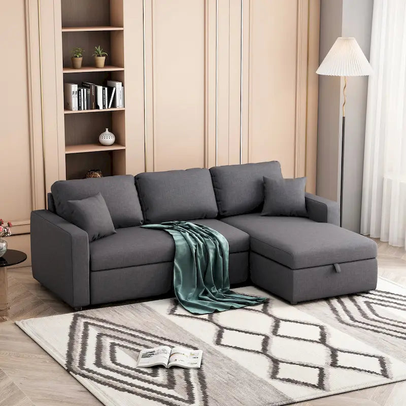 Canapé d'angle convertible en tissu gris avec espace de rangement et 2 coussins décoratifs
