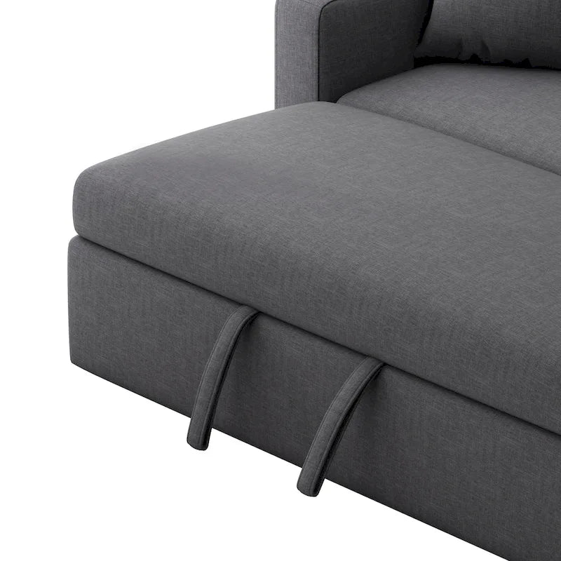 Canapé d'angle convertible en tissu gris avec espace de rangement et 2 coussins décoratifs