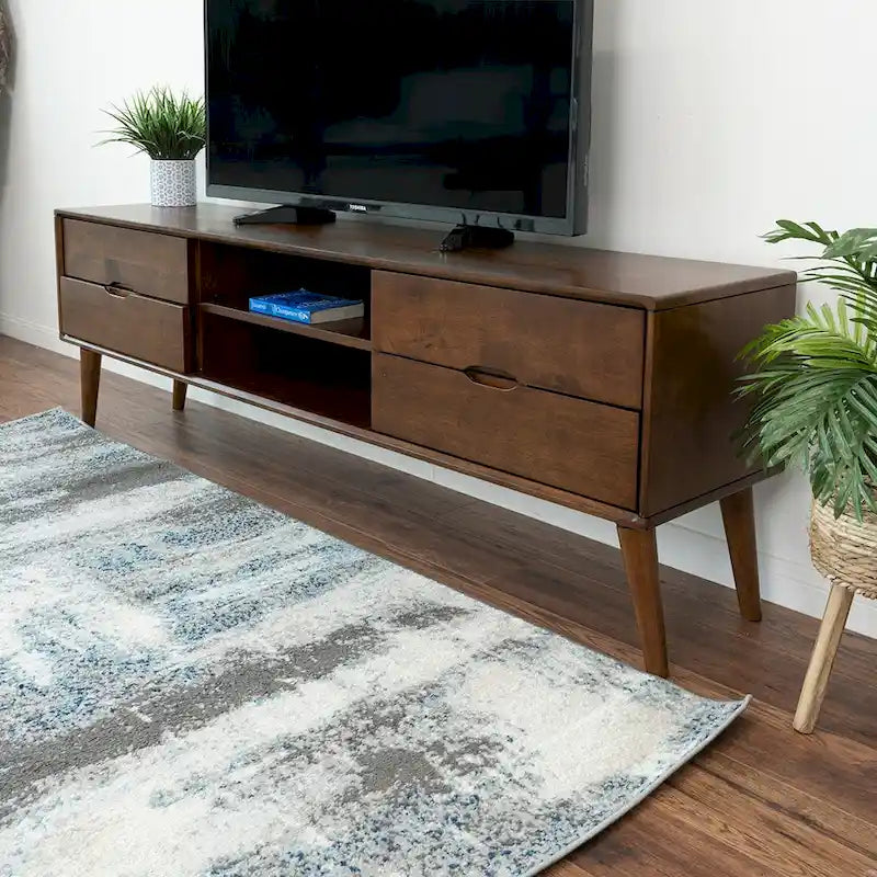 Meuble TV Bruno en noyer style Mid-Century Modern avec 6 compartiments de rangement, meuble TV bas en bois.