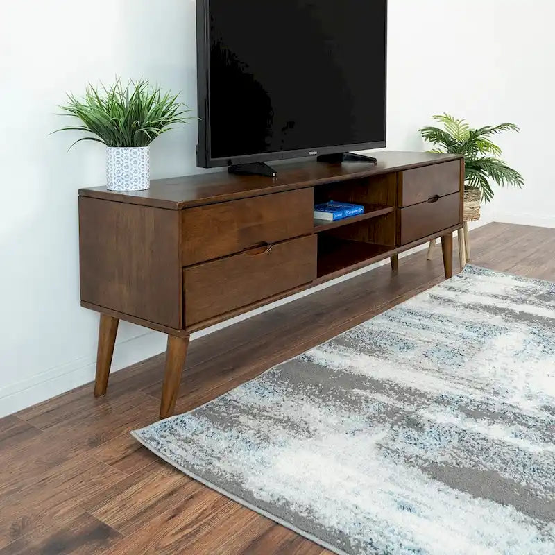Meuble TV Bruno en noyer style Mid-Century Modern avec 6 compartiments de rangement, meuble TV bas en bois.
