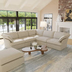 Canapé d'angle moderne en lin avec pouf, en forme de L.