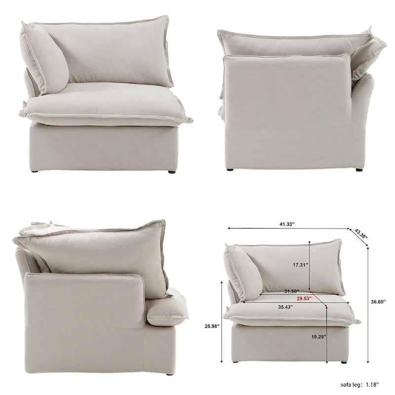 Canapé d'angle moderne en lin avec pouf, en forme de L.