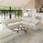 Canapé d'angle moderne en lin avec pouf, en forme de L.