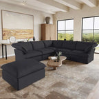 Canapé d'angle moderne en lin avec pouf, en forme de L.