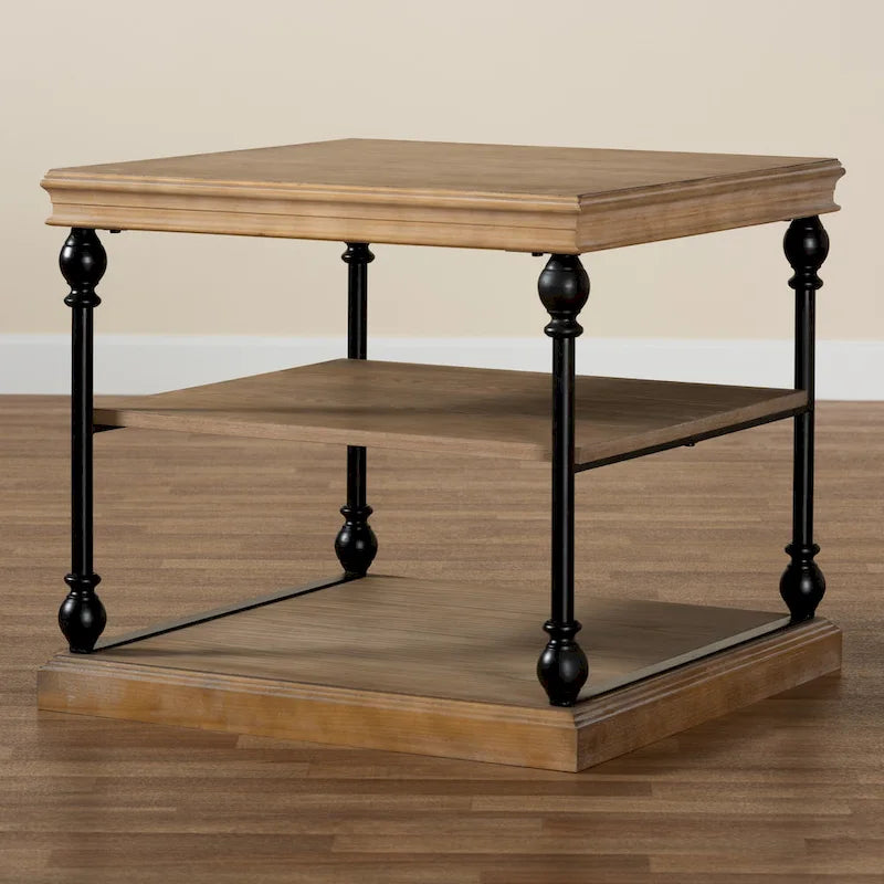 Table d'appoint Sebastian à 3 niveaux, style industriel traditionnel, en bois et métal noir